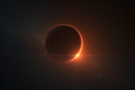 Dark space, fiery planet with ring