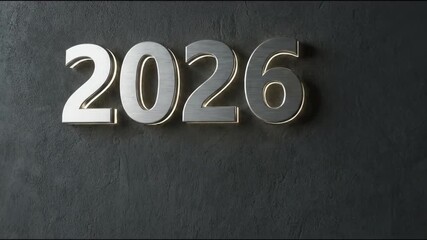 A visually striking animation presents the year 2026, rendered in elegant 3D metallic numbers with a subtle backlighting effect, against a sophisticated dark, textured background. This modern and clea