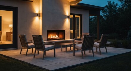 Naklejka premium Outdoor patio at dusk, with fireplace and seating