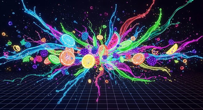 Explosion of Colorful Neon Lights and Particles on a Grid Background.