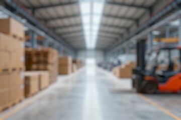 Defocused Background of Spacious Industrial Warehouse Interior with Forklift and Storage Equipment in bright Lighting Conditions. Blurred Background Photo.