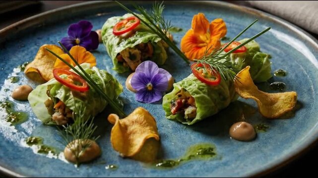 A visually stunning gourmet dish, meticulously plated on a rustic blue ceramic plate, showcases vibrant fresh lettuce wraps filled with delectable ingredients. Each roll is elegantly garnished with th
