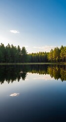 Fototapeta premium Serene lake scene with forest reflection in calm water under clear blue sky