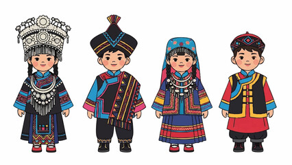 Cute Cartoon Children in Traditional Asian Ethnic Minority Costumes