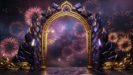 Majestic fantasy portal glowing under a sky ablaze with vibrant fireworks, a grand and ornate archway marking an entrance to a magical celebration