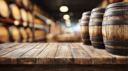Explore the Vibrant Craft Beer Scene With Wooden Barrels and a Brewery Background in a Cozy Setting