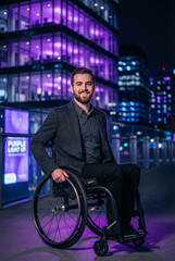 Obraz premium Professional in Wheelchair with Purple Lighting for Disability Day