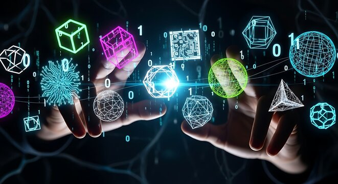 Hands Interacting with Digital Geometric Shapes in a Futuristic Environment.