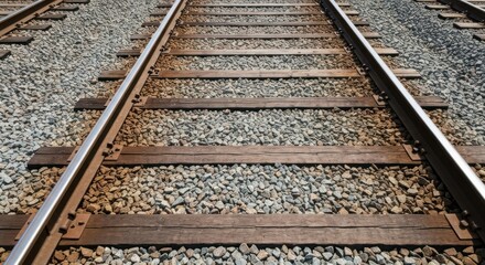 Naklejka premium Railroad tracks perspective. Close-up view of railway tracks, wooden ties, and ballast