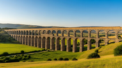 Ancient Roman aqueduct in a sunny valley.