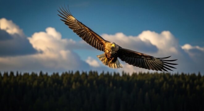 Powerful eagle soaring above a forest