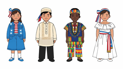 Diverse Group of Children Modeling Various Cultural and National Attire