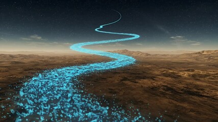 Abstract Blue Energy Stream Flows Over Barren Landscape Under Starry Sky - Powered by Adobe