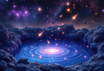 Celestial Waters Swirling Under a Meteor Shower.