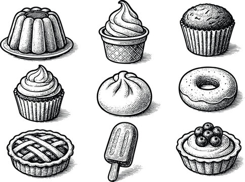 Vintage hand-drawn dessert illustration set featuring cupcakes, donuts, pies, ice cream, tarts and sweet bakery items in sketch style