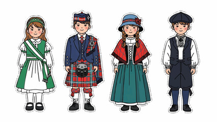 Diverse Children in Traditional European Cultural Costumes Illustration Set