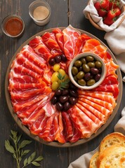 Gourmet Charcuterie Board with Cured Meats Olives and Fruit.