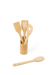 Wooden kitchen utensil set. Wooden cutlery for cooking.