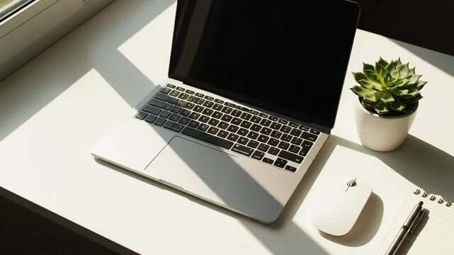Modern laptop and mouse on desk with sunlight and plant