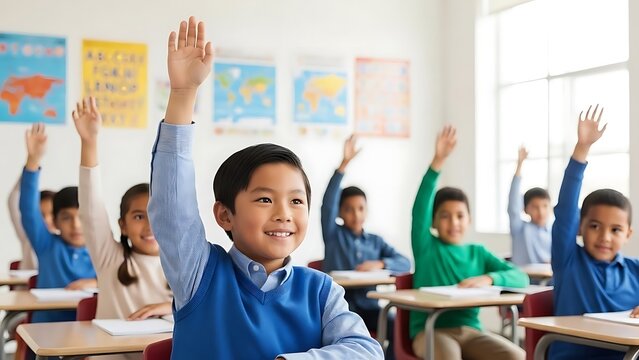 Classroom of eager students raising hands to answer questions during lesson.