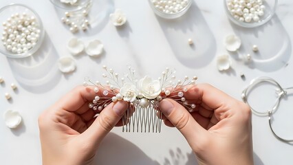 Close up of hands making a handmade pearl and flower hairpiece.