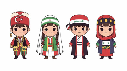 Chibi Style Characters in Traditional Middle Eastern Regional Clothing Set