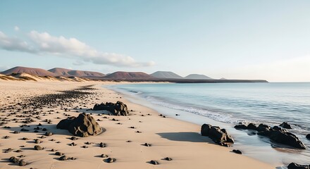 Serene beach scene with rocks and calm waters under a clear blue sky