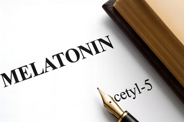 Obraz premium Close-up of the word “Melatonin” on a document with a fountain pen and book, symbolizing sleep regulation, hormone research, supplements, wellness, and scientific study.