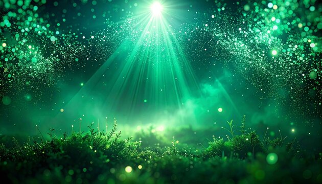 Magical green light illuminates the lush forest floor with lush greenery and sparkling particles in the air, creating an enchanting fantasy atmosphere.abstract green background