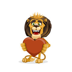 A friendly cartoon lion with a crown holding a big red heart, smiling happily.