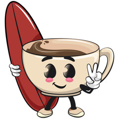 cute coffee cup mascot with surfboard and gave a peace sign, cartoon coffee mug vector illustration, work of hand drawn