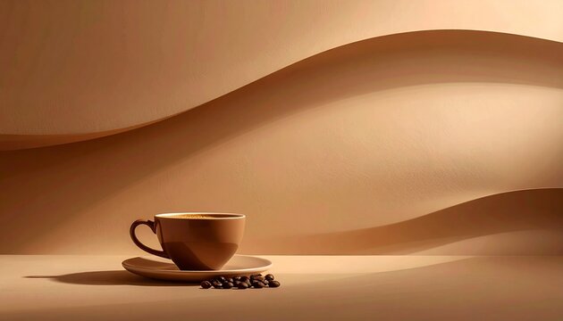 A cup of chocolate coffee is placed on a small plate with some coffee beans in the foreground.&nbsp;The cream-colored studio backdrop has gentle wave shapes, creating a minimalist atmospheree
