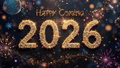 Happy Coming New Year 2026 glitter text style.