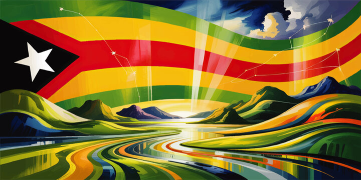 Vibrant abstract Zimbabwe flag landscape illustration with colorful mountains, river valley, sunrise sky and star constellation art