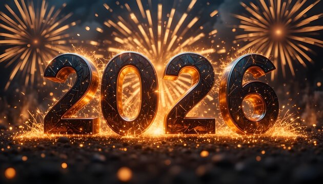 Cinematic 2026 bold metallic text. Fireworks burst behind