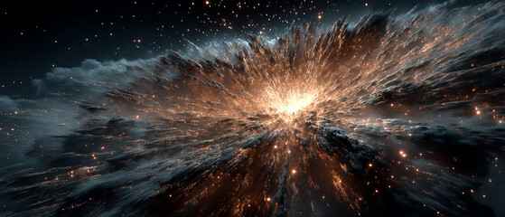 Intense cosmic burst of light and energy, forming a breathtaking nebula in the vast darkness of space with glowing particles and swirling gas clouds, depicting a powerful stellar event