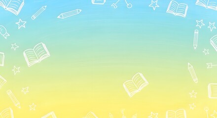 school photo backgroundwith a soft pale blue to light yellow gradient, chalkboard texture, and playful doodles of books and pencils, ideal for student portraits and education graphics.