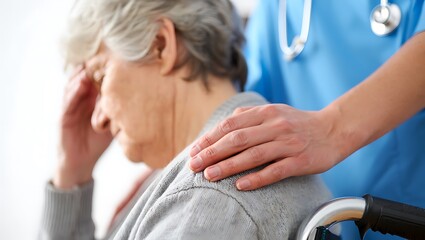 Elderly woman receives comforting support from healthcare provider during difficult time
