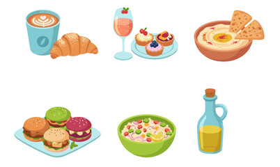 Cheerful pastel food‑and‑drink vector sticker set of six cozy icons with coffee & croissant, rosé & fruit tarts, hummus bowl, bao sliders, couscous salad, and olive oil with goat cheese