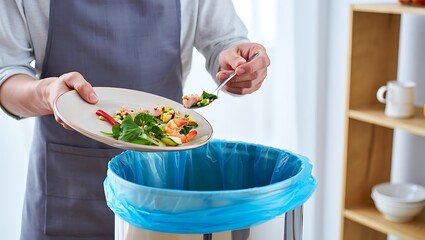 Food waste being discarded into trash can for composting process