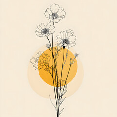 Bouquet of meadow flowers vector illustration style, one line art, beige, yellow and white and black