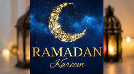 Ramadan Kareem greeting with golden crescent moon and lanterns.