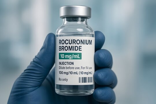 High-quality image of a Rocuronium Bromide 10 mg/mL vial held with medical gloves. Ideal for anesthesia, ICU care, pharmacology visuals, and healthcare awareness campaigns.