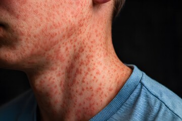 Fototapeta premium Close-up view of an extensive red rash covering the neck, showing inflamed skin and irritation. Useful for dermatology education, allergy awareness, viral rash reference, and medical visuals.