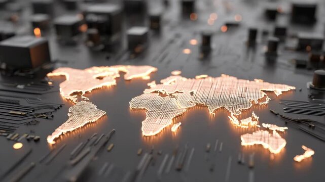 Global network concept represented by illuminated map on circuit board, highlighting modern technology and connectivity