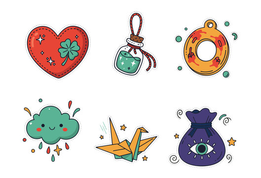 Lucky charm sticker set PNG isolated, six playful icons, heart clover, amulet bottle, koi coin, horseshoe cloud, paper crane, talisman bag, flat vector, whimsical hand-drawn cartoon style, bright past