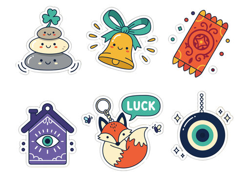 Lucky charm vector and PNG sticker set of six isolated icons with pebble cairn, golden bell, paper talisman, amulet house, fox keychain, and evil‑eye button in playful cartoon style