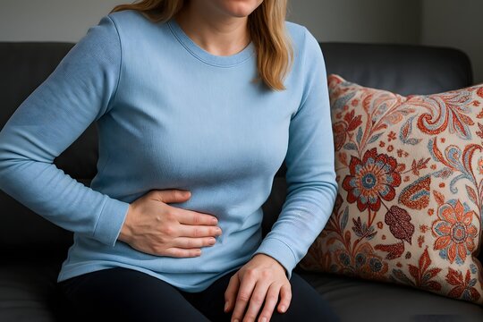 High-quality image of a woman holding her abdomen due to stomach pain or cramps. Ideal for digestive health, gastrointestinal awareness, abdominal pain education, and wellness content.
