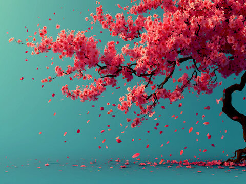 青空と満開の桜の木、舞い散る花びら