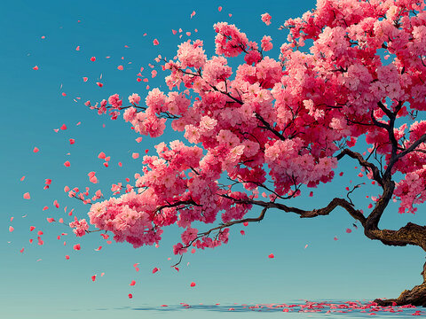 青空に映える満開の桜、舞い散る花びら